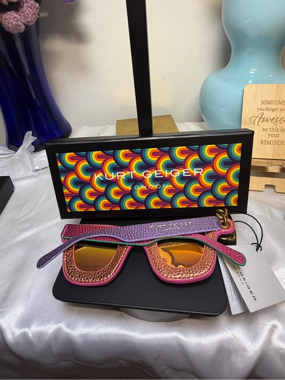 Kurt Geiger Pink Jeweled Sunglasses Bag Charm Keychain NWT